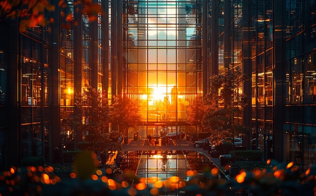 Die Sonne geht hinter einem Glasgebäude unter