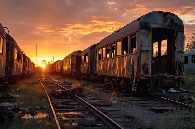 Die Sonne geht hinter einer Reihe verfallender Waggons unter, die mit generativer KI erstellt wurden