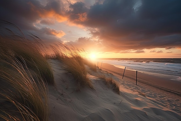 Die Sonne geht über den Strand unter und das Gras weht im Wind