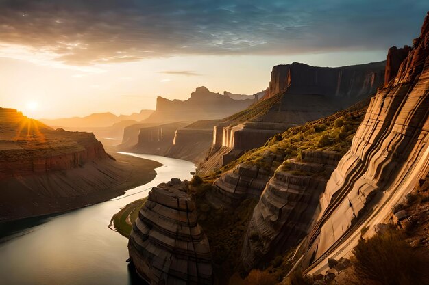 Foto die sonne geht über die canyons unter.