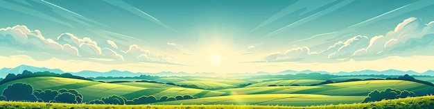 Die Sonne geht über ein Feld aus grünem und gelbem Gras auf.