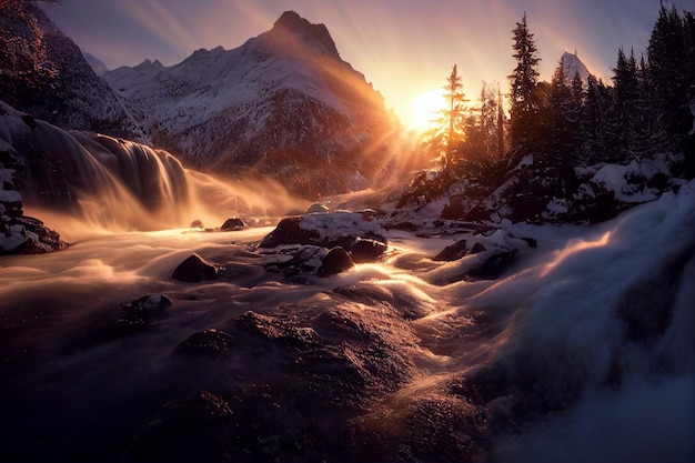 Die Sonne geht über einem Wasserfall in den generativen Bergen der Berge unter