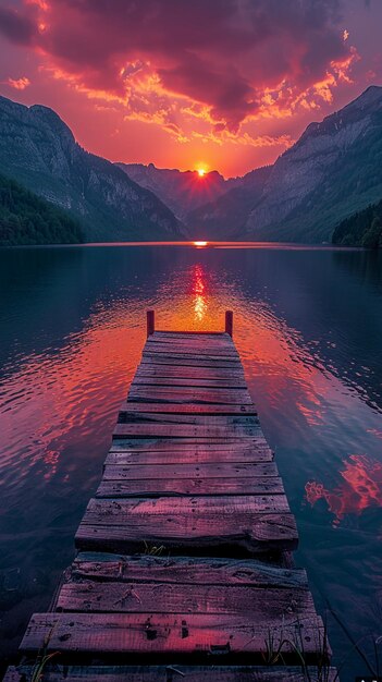 die Sonne geht über einen See in den Bergen unter