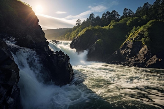 Die Sonne geht über einen Wasserfall in den Bergen unter.