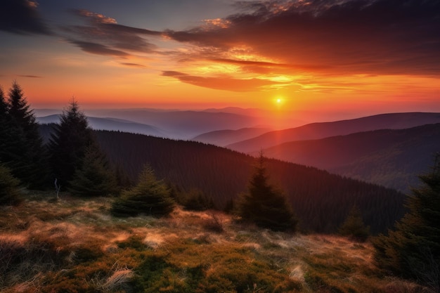 Foto die sonne geht über einer generativen ai der bergkette unter