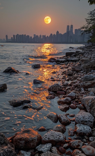 Die Sonne geht unter über die Skyline der Stadt und das felsige Ufer des Michigansee