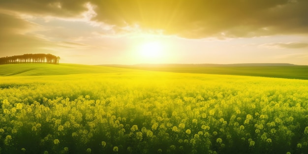 Die Sonne geht unter über ein lebendiges Rapsfeld und wirft einen goldenen Glanz über die Blüten.