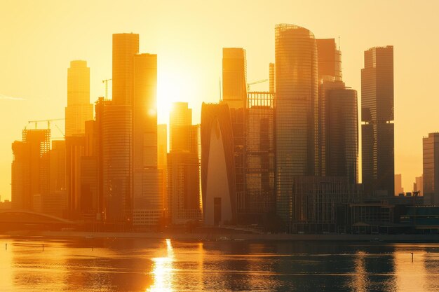 Die Sonne geht unter über eine Stadt mit hohen Gebäuden