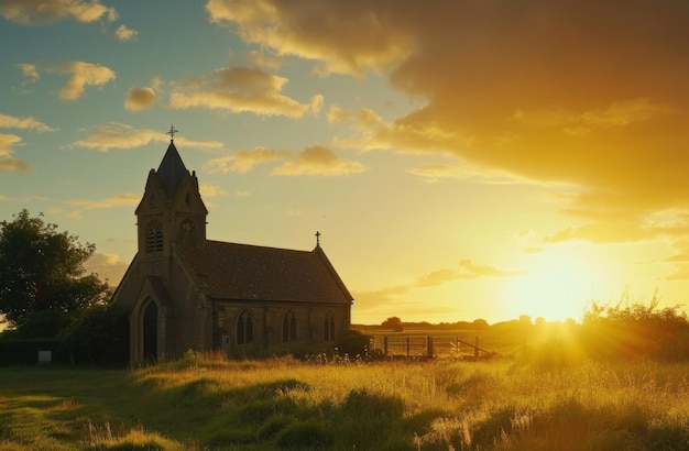 Die Sonne geht unter über einer Landkirche.