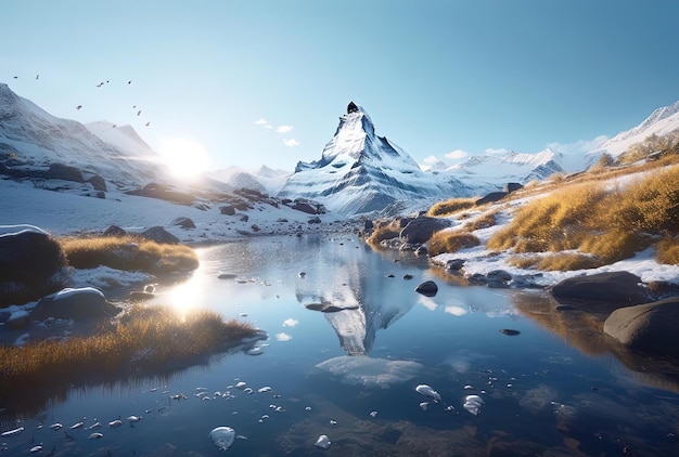 Die Sonne reflektiert auf einem See in der Nähe des Matterhorn-Berges im Stil einer romantischen Landschaft