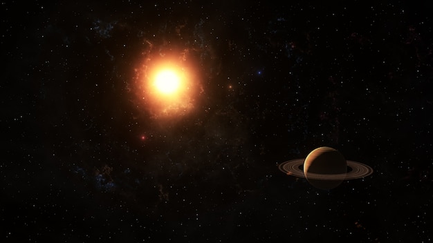 Die Sonne scheint auf den Saturn im Weltraum, 3D-Rendering.