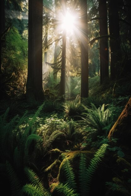 Die Sonne scheint durch die Bäume im Wald.