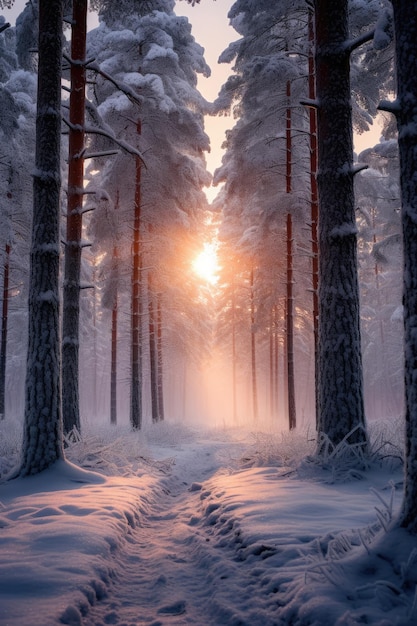 Die Sonne scheint durch die Bäume in einem schneebedeckten Wald
