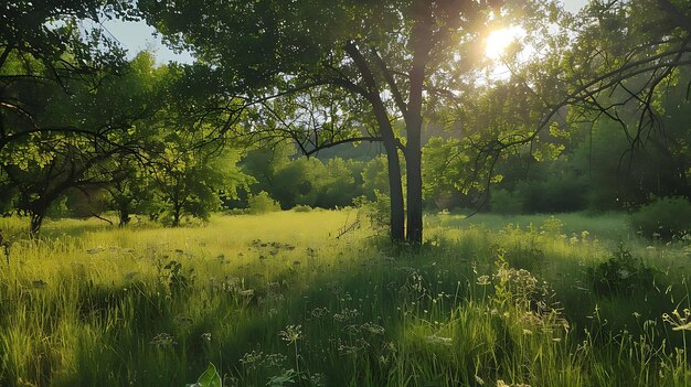 Die Sonne scheint durch die Bäume in einem üppig grünen Wald das hohe Gras ist ein lebendiger Grün der Bäume sind voller Blätter