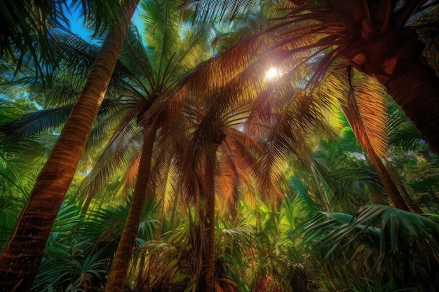 Die Sonne scheint durch die Palmen in der generativen KI des Dschungels