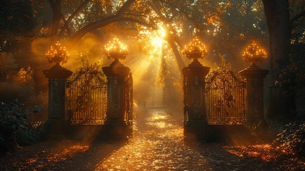 Die Sonne scheint durch die Tore des Friedhofs.