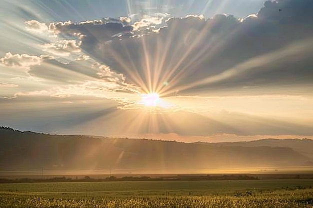 Die Sonne scheint durch Wolken über dem Feld