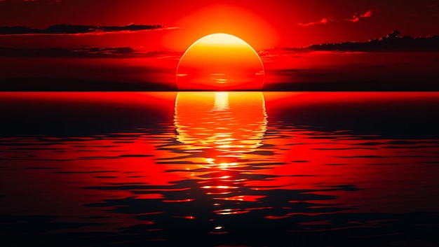 Die Sonne taucht unter den Horizont und hinterlässt einen roten und orangefarbenen Himmel, der sich auf dem Wasser spiegelt