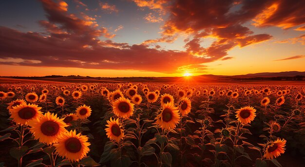 die Sonne untergeht hinter einem Sonnenblumenfeld