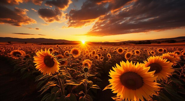 die Sonne untergeht hinter einem Sonnenblumenfeld