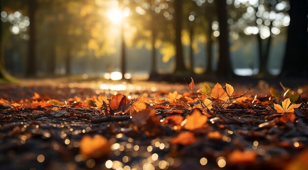 Foto die sonnen-herbstblätter auf dem boden im wald-hintergrund schöne herbst-wald-landschaft