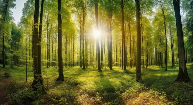 Die Sonnenstrahlen erhellen den Wald und erzeugen ein faszinierendes Panorama. Erstellen mit generativen KI-Tools