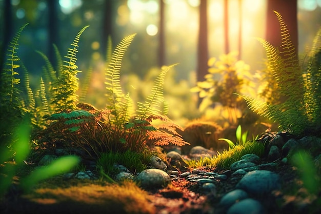 Die Sonnenstrahlen filtern durch das dichte Laub der hoch aufragenden Bäume und sprenkeln den Waldboden mit Licht und Schatten