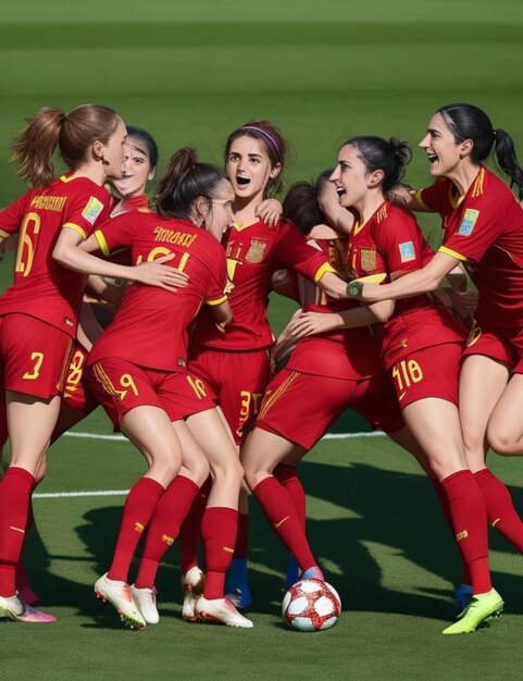 Die spanische Frauen-Fußballnationalmannschaft steht auf einem Podium und streckt die Arme einheitlich in die Höhe