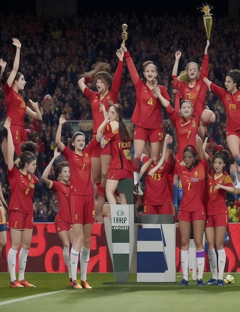 Die spanische Frauenfußballnationalmannschaft steht auf einem Podium