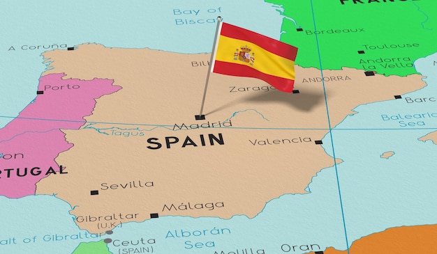 Die spanische Nationalflagge von Madrid auf der politischen Karte 3D-Illustration