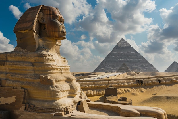 Die Sphinx und die Pyramiden unter der Wüstensonne eine ruhige alte ägyptische Landschaft Ai erzeugt