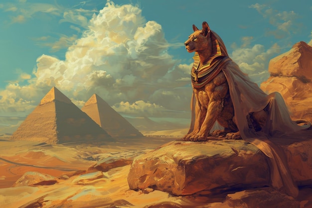 Die Sphinx und die Pyramiden unter der Wüstensonne eine ruhige alte ägyptische Landschaft Ai erzeugt