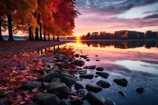 Die Spiegelung des Sonnenaufgangs in einem ruhigen See inmitten von Herbstfarben, ein wunderschönes Bild vom Sonnenaufgang
