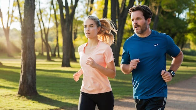 Die sportliche Frau und der Mann joggen im Park im Sonnenaufgang