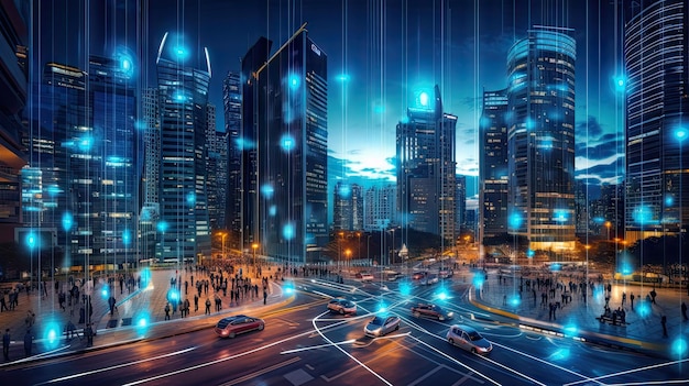 Die Stadt bei Nacht mit Autos und Menschen, die auf der Straße laufen, wird aus einer Luftperspektive aufgenommen