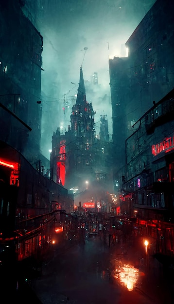 Die Stadt der dystopischen Metropole Illustration Rote Neonlichter
