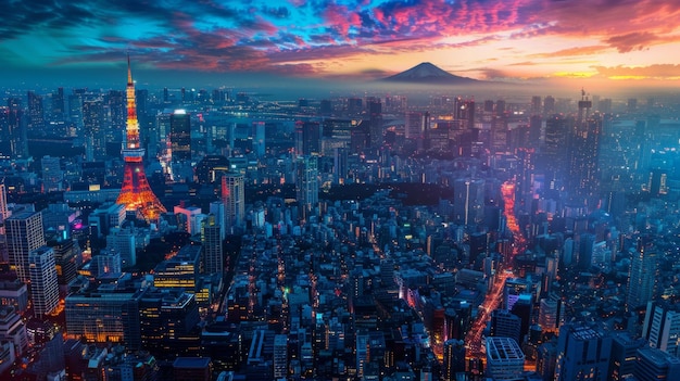 Die Stadt Tokio in der Nacht mit dem Berg im Hintergrund Die Stadt ist mit Lichtern beleuchtet