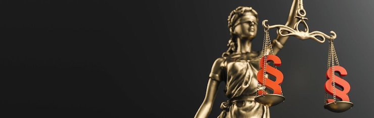 Foto die statue der justizjustitia oder iustitia justitia, die römische göttin der gerechtigkeit, mit absatzzeichen in maßstabsgerechter bildbannergröße
