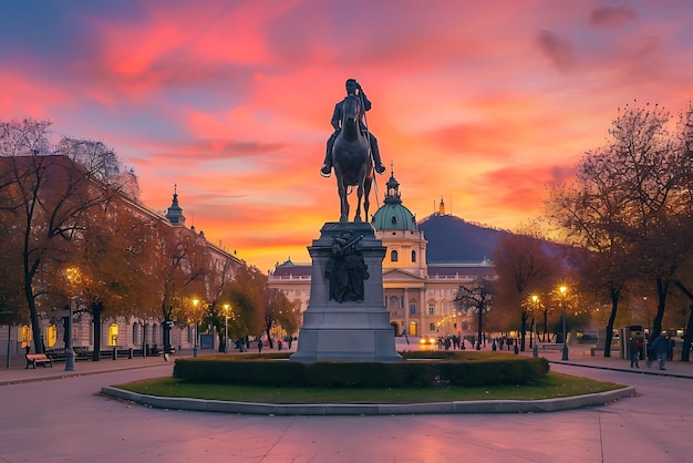 Die Statue des Kaiser Franz Joseph I. von Österreich vor dem Hofburg-Palast bei Sonnenuntergang