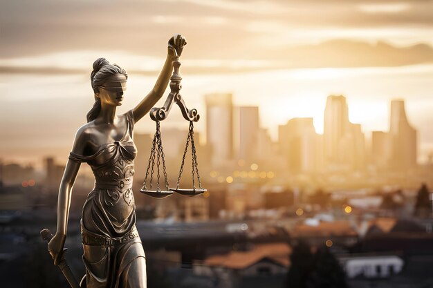 Die Statue von Lady Justice im goldenen Licht gegen die städtische Skyline ruhig und nachdenklich