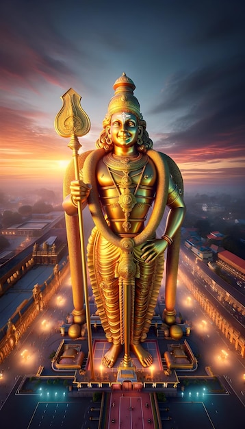 Die Statue von Lord Murugan beim Sonnenuntergang