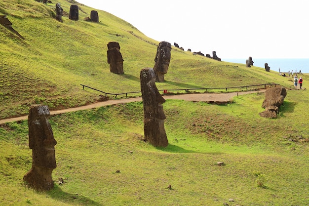 Die Steigung voll von verlassenen riesigen Moai-Statuen von Rano Raraku-Vulkan, Osterinsel, Chile