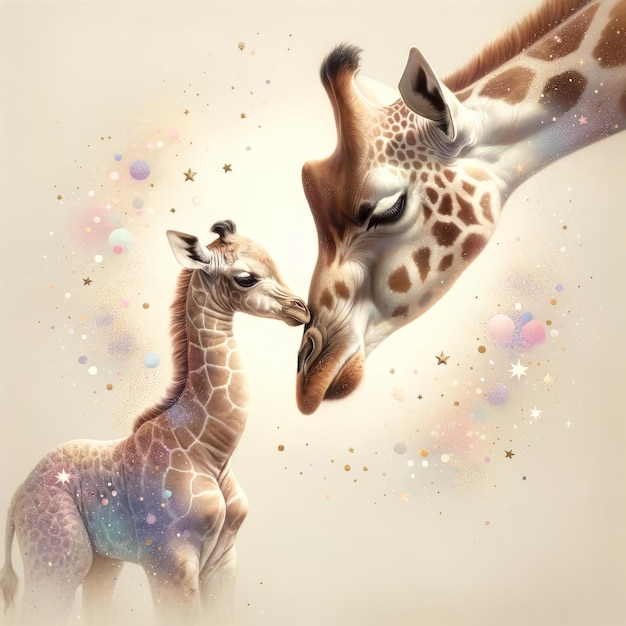 Die sternenförmige Umarmung einer Giraffe und ihres Kälbers