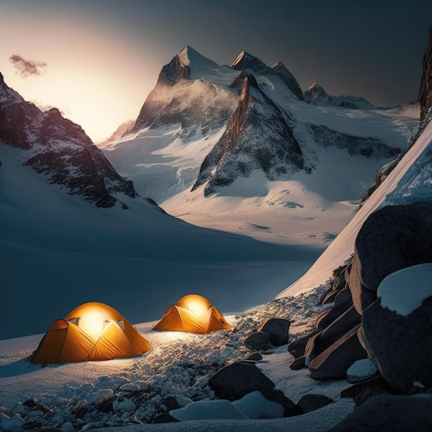 Die Stille der Nacht wird nur durch die gedämpfte Aufregung einer Gruppe von Bergsteigern unterbrochen, die sich in ihren Zelten, beleuchtet von generativen KI-Taschenlampen, auf den gefährlichen Aufstieg zum Gipfel vorbereiten