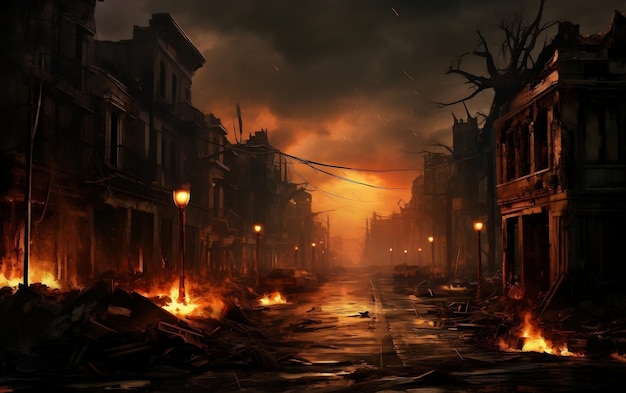 Die Stille der Zerstörung verbrannte Stadtstraße Verlassene generative KI
