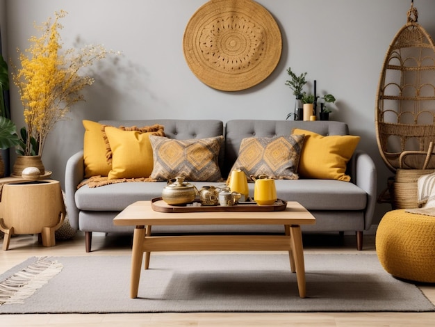 Die stilvolle Boho-Komposition im Wohnzimmer mit Design-Couchtisch aus grauem Sofa und Holz