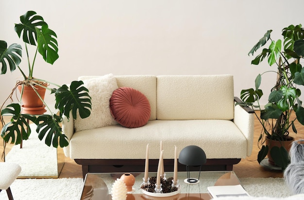 Die stilvolle Komposition im Wohnzimmerinterieur mit Design-Beige-Sofa-Glas-Couchtischpflanzen und eleganten persönlichen Accessoires Gemütliche Wohnung