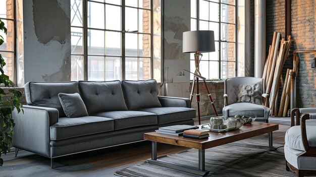 Die stilvolle Komposition im Wohnzimmerinterieur mit Design grauer Sofa-Sessel Generative Ai