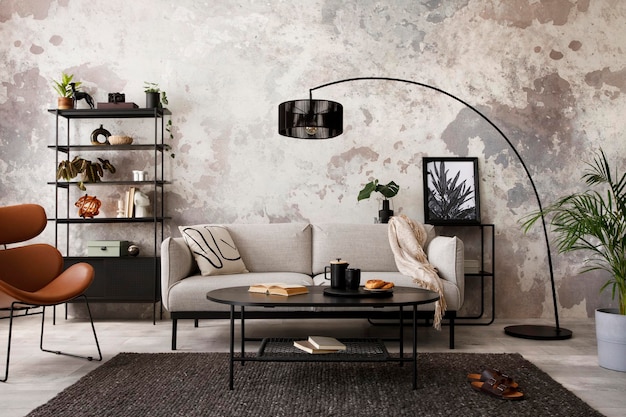 Die stilvolle Komposition im Wohnzimmerinterieur mit grauem Design-Sofa, Sessel, schwarzer Couchtischlampe und eleganten persönlichen Accessoires. Loft- und Industrieinterieur Vorlage xD