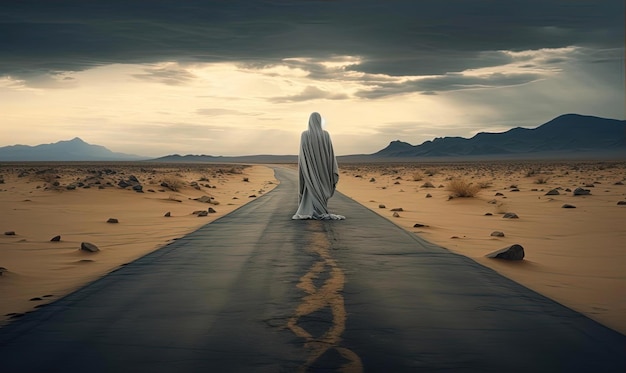 Foto die straße in der wüste mit einem einsamen reisenden im stil von ingrid baars